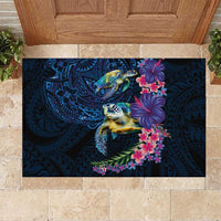 Hawaiian Plumeria and Hibiscus with Turtles Rubber Doormat Polynesian Art Dark Cyan Color LT03 Dark Cyan - Polynesian Pride