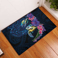 Hawaiian Plumeria and Hibiscus with Turtles Rubber Doormat Polynesian Art Dark Cyan Color LT03 - Polynesian Pride