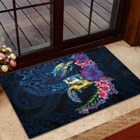 Hawaiian Plumeria and Hibiscus with Turtles Rubber Doormat Polynesian Art Dark Cyan Color LT03 - Polynesian Pride
