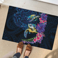 Hawaiian Plumeria and Hibiscus with Turtles Rubber Doormat Polynesian Art Dark Cyan Color LT03 - Polynesian Pride