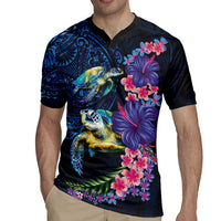 Hawaiian Plumeria and Hibiscus with Turtles Rugby Jersey Polynesian Art Dark Cyan Color LT03 - Polynesian Pride