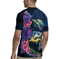 Hawaiian Plumeria and Hibiscus with Turtles Rugby Jersey Polynesian Art Dark Cyan Color LT03 - Polynesian Pride