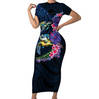 Hawaiian Plumeria and Hibiscus with Turtles Short Sleeve Bodycon Dress Polynesian Art Dark Cyan Color LT03 Long Dress Dark Cyan - Polynesian Pride