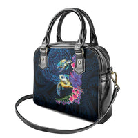 Hawaiian Plumeria and Hibiscus with Turtles Shoulder Handbag Polynesian Art Dark Cyan Color LT03 - Polynesian Pride