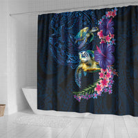 Hawaiian Plumeria and Hibiscus with Turtles Shower Curtain Polynesian Art Dark Cyan Color LT03 - Polynesian Pride