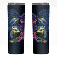 Hawaiian Plumeria and Hibiscus with Turtles Skinny Tumbler Polynesian Art Dark Cyan Color LT03 Dark Cyan - Polynesian Pride