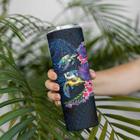Hawaiian Plumeria and Hibiscus with Turtles Skinny Tumbler Polynesian Art Dark Cyan Color LT03 - Polynesian Pride