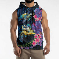 Hawaiian Plumeria and Hibiscus with Turtles Sleeveless Hoodie Polynesian Art Dark Cyan Color LT03 - Polynesian Pride