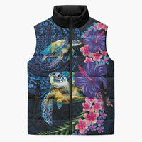 Hawaiian Plumeria and Hibiscus with Turtles Sleeveless Puffer Jacket Polynesian Art Dark Cyan Color LT03 Unisex Dark Cyan - Polynesian Pride