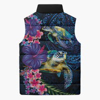 Hawaiian Plumeria and Hibiscus with Turtles Sleeveless Puffer Jacket Polynesian Art Dark Cyan Color LT03 - Polynesian Pride