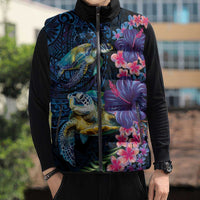 Hawaiian Plumeria and Hibiscus with Turtles Sleeveless Puffer Jacket Polynesian Art Dark Cyan Color LT03 - Polynesian Pride