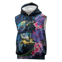 Hawaiian Plumeria and Hibiscus with Turtles Sleeveless Zip Hoodie Polynesian Art Dark Cyan Color LT03 Dark Cyan - Polynesian Pride