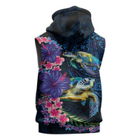 Hawaiian Plumeria and Hibiscus with Turtles Sleeveless Zip Hoodie Polynesian Art Dark Cyan Color LT03 - Polynesian Pride