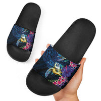 Hawaiian Plumeria and Hibiscus with Turtles Slide Sandals Polynesian Art Dark Cyan Color LT03 - Polynesian Pride