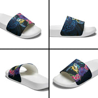 Hawaiian Plumeria and Hibiscus with Turtles Slide Sandals Polynesian Art Dark Cyan Color LT03 - Polynesian Pride
