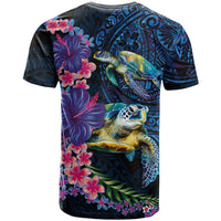 Hawaiian Plumeria and Hibiscus with Turtles T Shirt Polynesian Art Dark Cyan Color LT03 - Polynesian Pride
