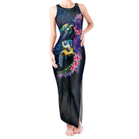 Hawaiian Plumeria and Hibiscus with Turtles Tank Maxi Dress Polynesian Art Dark Cyan Color LT03 Women Dark Cyan - Polynesian Pride