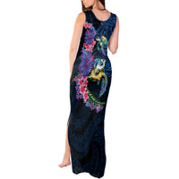 Hawaiian Plumeria and Hibiscus with Turtles Tank Maxi Dress Polynesian Art Dark Cyan Color LT03 - Polynesian Pride