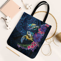 Hawaiian Plumeria and Hibiscus with Turtles Tote Bag Polynesian Art Dark Cyan Color LT03 Black Strap One Size Dark Cyan - Polynesian Pride
