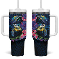 Hawaiian Plumeria and Hibiscus with Turtles Tumbler With Handle Polynesian Art Dark Cyan Color LT03 One Size: 40 oz Dark Cyan - Polynesian Pride