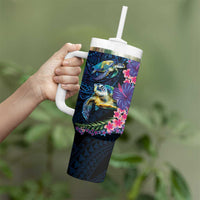 Hawaiian Plumeria and Hibiscus with Turtles Tumbler With Handle Polynesian Art Dark Cyan Color LT03 - Polynesian Pride