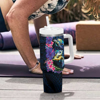 Hawaiian Plumeria and Hibiscus with Turtles Tumbler With Handle Polynesian Art Dark Cyan Color LT03 - Polynesian Pride