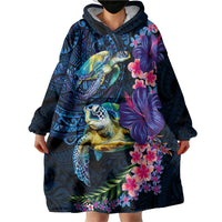 Hawaiian Plumeria and Hibiscus with Turtles Wearable Blanket Hoodie Polynesian Art Dark Cyan Color LT03 - Polynesian Pride