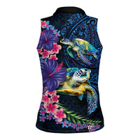 Hawaiian Plumeria and Hibiscus with Turtles Women Sleeveless Polo Shirt Polynesian Art Dark Cyan Color LT03 - Polynesian Pride