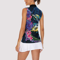 Hawaiian Plumeria and Hibiscus with Turtles Women Sleeveless Polo Shirt Polynesian Art Dark Cyan Color LT03 - Polynesian Pride