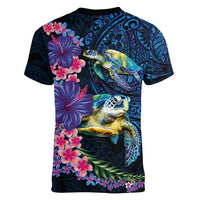 Hawaiian Plumeria and Hibiscus with Turtles Women V-Neck T-Shirt Polynesian Art Dark Cyan Color LT03 - Polynesian Pride