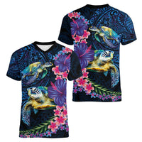 Hawaiian Plumeria and Hibiscus with Turtles Women V-Neck T-Shirt Polynesian Art Dark Cyan Color LT03 - Polynesian Pride