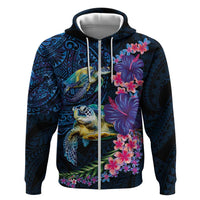 Hawaiian Plumeria and Hibiscus with Turtles Zip Hoodie Polynesian Art Dark Cyan Color LT03 Zip Hoodie Dark Cyan - Polynesian Pride