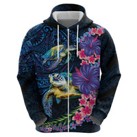 Hawaiian Plumeria and Hibiscus with Turtles Zip Hoodie Polynesian Art Dark Cyan Color LT03 - Polynesian Pride