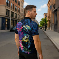 Hawaiian Plumeria and Hibiscus with Turtles Zipper Polo Shirt Polynesian Art Dark Cyan Color LT03 - Polynesian Pride