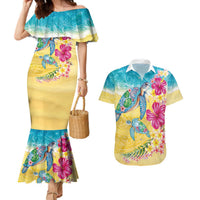 Hawaiian Tropical Plants Turtles Couples Matching Mermaid Dress and Hawaiian Shirt Watercolor Style LT03 Multicolor - Polynesian Pride