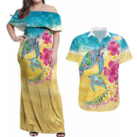 Hawaiian Tropical Plants Turtles Couples Matching Off Shoulder Maxi Dress and Hawaiian Shirt Watercolor Style LT03 Multicolor - Polynesian Pride