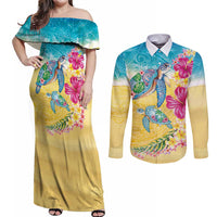 Hawaiian Tropical Plants Turtles Couples Matching Off Shoulder Maxi Dress and Long Sleeve Button Shirt Watercolor Style LT03 Multicolor - Polynesian Pride