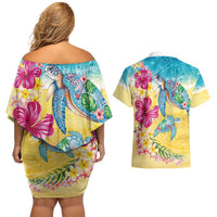 Hawaiian Tropical Plants Turtles Couples Matching Off Shoulder Short Dress and Hawaiian Shirt Watercolor Style LT03 - Polynesian Pride