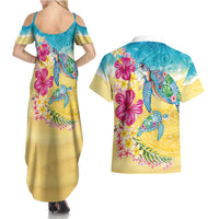 Hawaiian Tropical Plants Turtles Couples Matching Summer Maxi Dress and Hawaiian Shirt Watercolor Style LT03 - Polynesian Pride