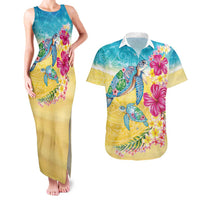 Hawaiian Tropical Plants Turtles Couples Matching Tank Maxi Dress and Hawaiian Shirt Watercolor Style LT03 Multicolor - Polynesian Pride