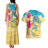 Hawaiian Tropical Plants Turtles Couples Matching Tank Maxi Dress and Hawaiian Shirt Watercolor Style LT03 - Polynesian Pride