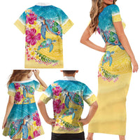 Hawaiian Tropical Plants Turtles Family Matching Short Sleeve Bodycon Dress and Hawaiian Shirt Watercolor Style LT03 - Polynesian Pride