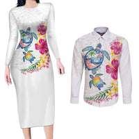 Hawaiian Abstract Art Turtles Couples Matching Long Sleeve Bodycon Dress and Long Sleeve Button Shirt with Plumeria and Hibiscus LT03 White - Polynesian Pride