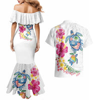 Hawaiian Abstract Art Turtles Couples Matching Mermaid Dress and Hawaiian Shirt with Plumeria and Hibiscus LT03 - Polynesian Pride