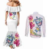Hawaiian Abstract Art Turtles Couples Matching Mermaid Dress and Long Sleeve Button Shirt with Plumeria and Hibiscus LT03 - Polynesian Pride