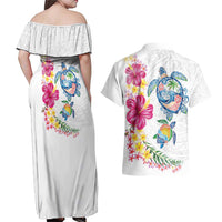 Hawaiian Abstract Art Turtles Couples Matching Off Shoulder Maxi Dress and Hawaiian Shirt with Plumeria and Hibiscus LT03 - Polynesian Pride