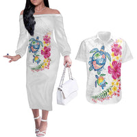 Hawaiian Abstract Art Turtles Couples Matching Off The Shoulder Long Sleeve Dress and Hawaiian Shirt with Plumeria and Hibiscus LT03 White - Polynesian Pride