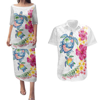 Hawaiian Abstract Art Turtles Couples Matching Puletasi and Hawaiian Shirt with Plumeria and Hibiscus LT03 White - Polynesian Pride