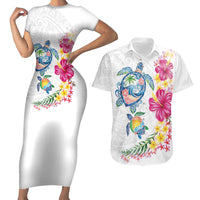 Hawaiian Abstract Art Turtles Couples Matching Short Sleeve Bodycon Dress and Hawaiian Shirt with Plumeria and Hibiscus LT03 White - Polynesian Pride