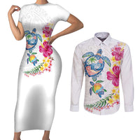 Hawaiian Abstract Art Turtles Couples Matching Short Sleeve Bodycon Dress and Long Sleeve Button Shirt with Plumeria and Hibiscus LT03 White - Polynesian Pride